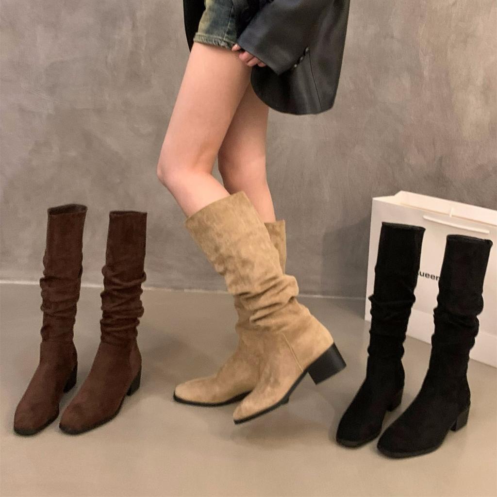 High Heel Skinny Boots Square Head Medium Tube Knight Boots Women's Shoes 2025 New Spring, Autumn and Winter Stacking Boots Long Boots
