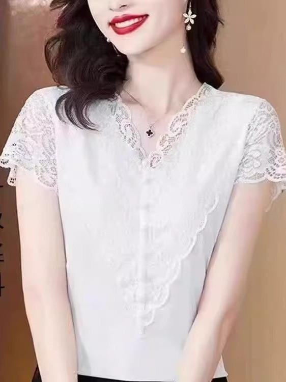 Summer Slim Fit T Shirt With Lace Paneling Polyester Fabric For Office Wear For Women
