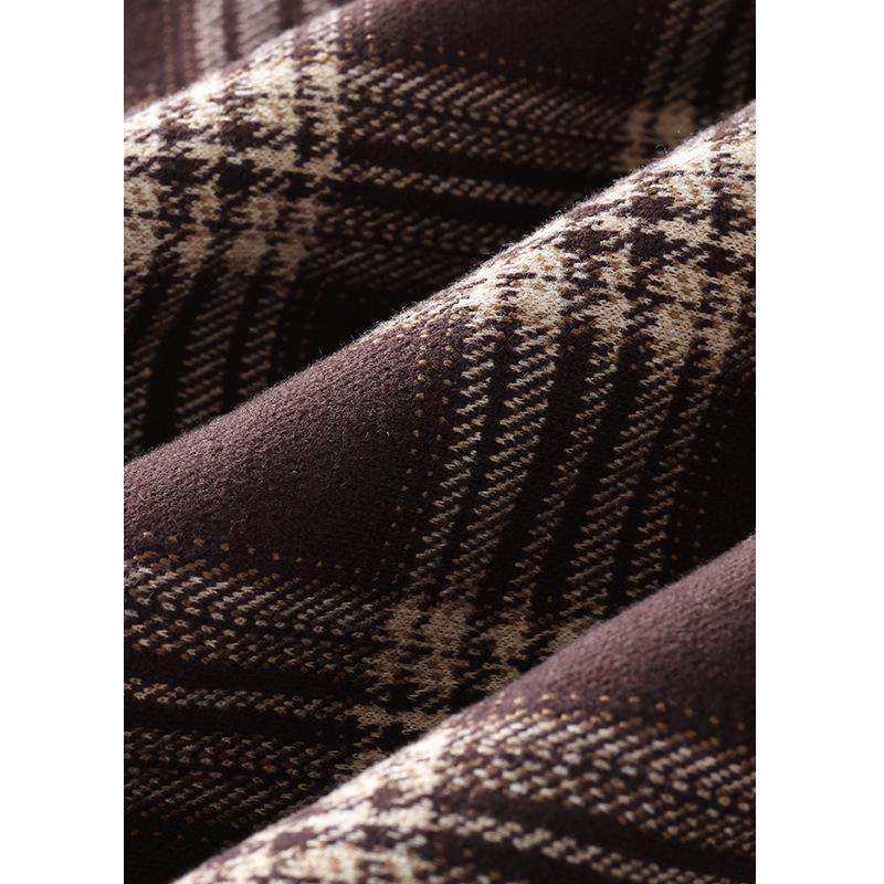 Women's Retro Brown Plaid Woolen High Waist A-Line Skirt - Elegant Slimming Mid-Length for 2025 Autumn/Winter