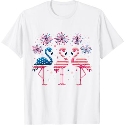 Patriotic Flamingo Firework Red And White Flamingo 4th July T-Shirt for Women Kids Men