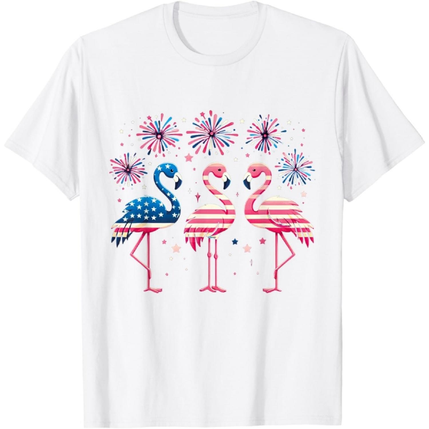 Patriotic Flamingo Firework Red And White Flamingo 4th July T-Shirt for Women Kids Men S