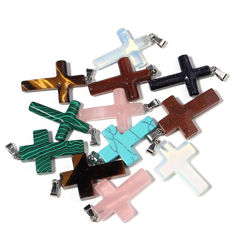 Natural Stone Cross Charm With Metal Loop Tiger Eye Opal Jewelry Prayer Pendant Necklace Making Accessories Diy Components