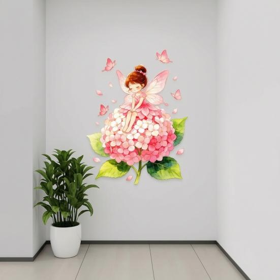 Blomsterfe Vægklistermærke, Store Lyserøde Hortensia Sommerfugl Vægdekorationer, Afskal Og Klæb Vægmaling Kunst til Piger Værelse Soveværelse Børneværelse Legeværelse