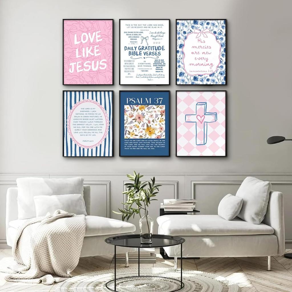 6Pcs Pink Blue Christian Wall Art Bow Bible Verse Floral Canvas Wall Decor Religious Pictures Jesus Scripture Poster Prints Trendy Preppy Painting