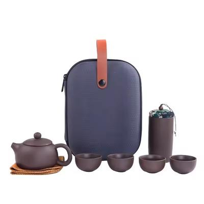 1Set-Travel Tea Set Portable Kung Fu Tea Set Ceramic Teapot Tea Canister Tea Cup Outdoor Quick Cup Tea Canister Leather Bag