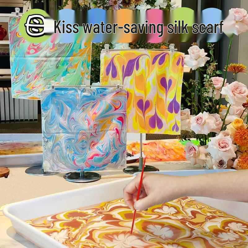 Novan Water Marbling Painting Set: Silk Scarf Kit for Kids with Pigment and Fan Brushes