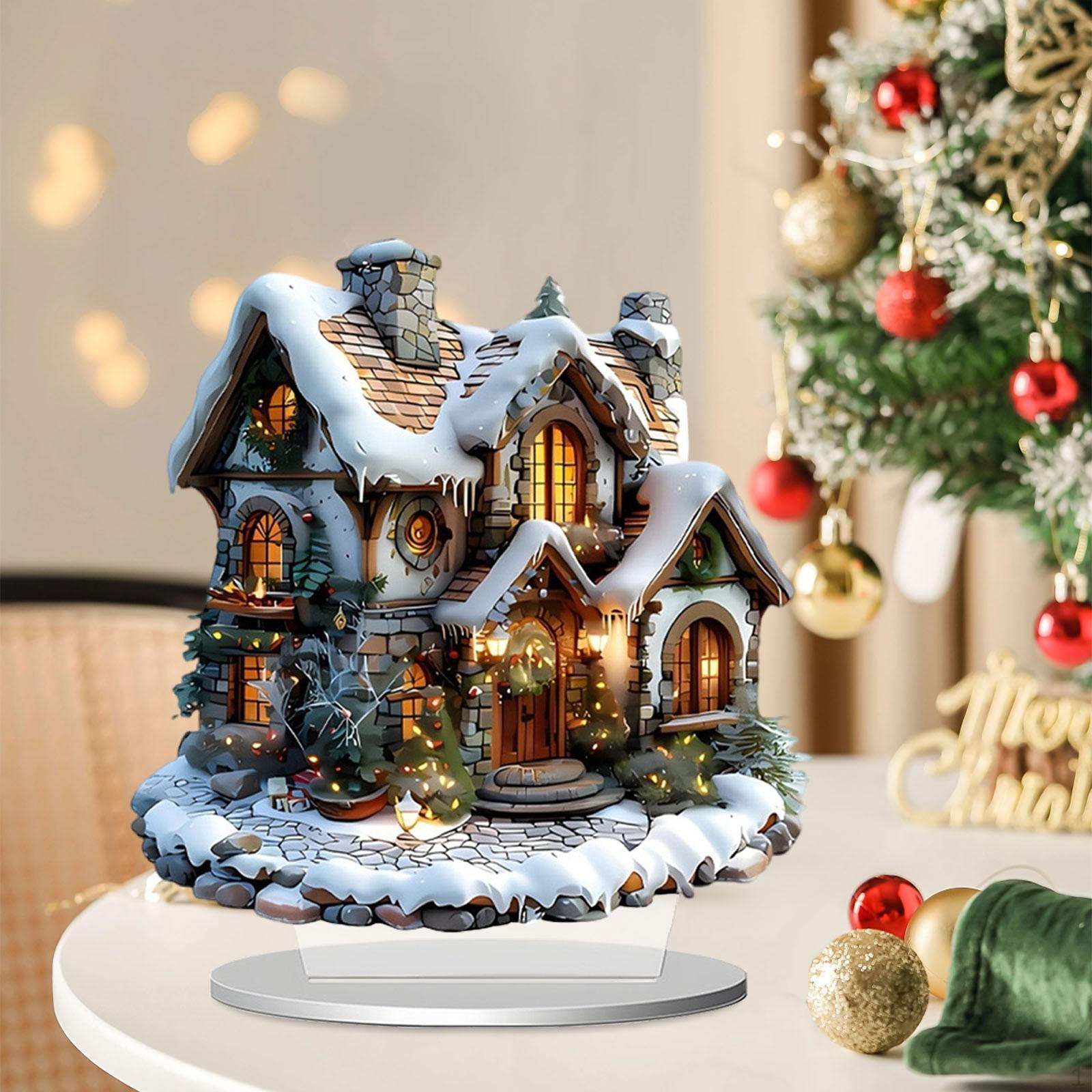 

2D Flat Acrylic Sign Scene Decorative Plaque with Stand Tabletop Ornament Desktop Display for Living Snow House