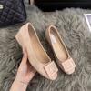 Small Inner Height Increase Nude Square Buckle Light Mouth Single Shoes Women's Autumn 2025 New French Round Head Soft Flats