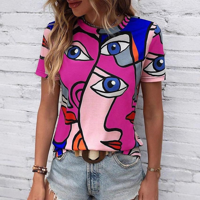 Summer Round Neck 3D Artistic Painting Patterns Print Top Fashionable Casual Short Sleeved Women's T-shirts