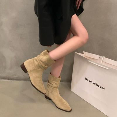Herfst Winter Hoge Kwaliteit Dames Enkellaarzen Mode Kunstsuède Retro Nieuw Geplooid Ontwerp Lage Hak Rijlaarzen Botas Mujer