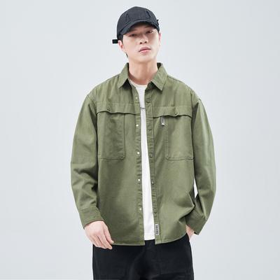 Heavy Washed Cotton, Japanese Retro Trendy Brand Loose Casual Shirt Jacket, Army Green Spot Whole Single Collar.