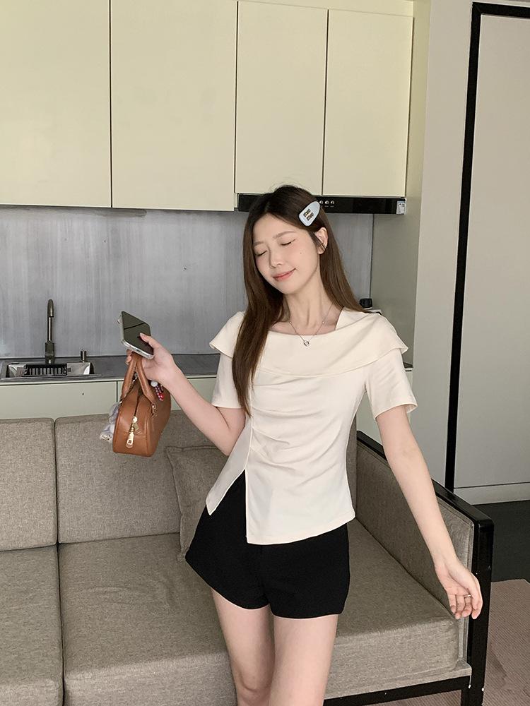 Plus Size Women s Square Neck Irregular Slit Short Sleeve Summer Top 2XL