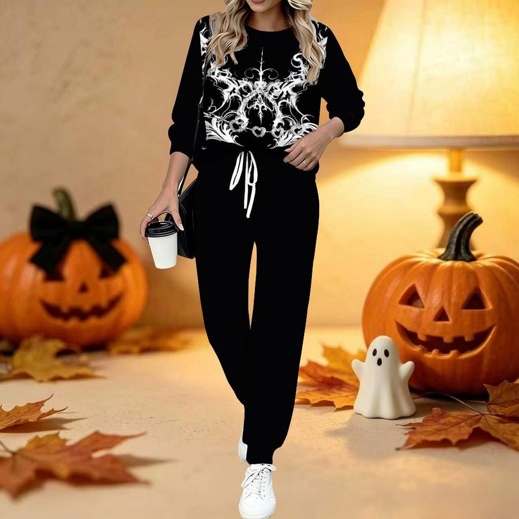 Conjunto de Dos Piezas con Estampado de Halloween para Mujer, Top de Manga Larga con Cuello Redondo y Pantalones Jogger con Cordón, Chándal Casual para Primavera Otoño