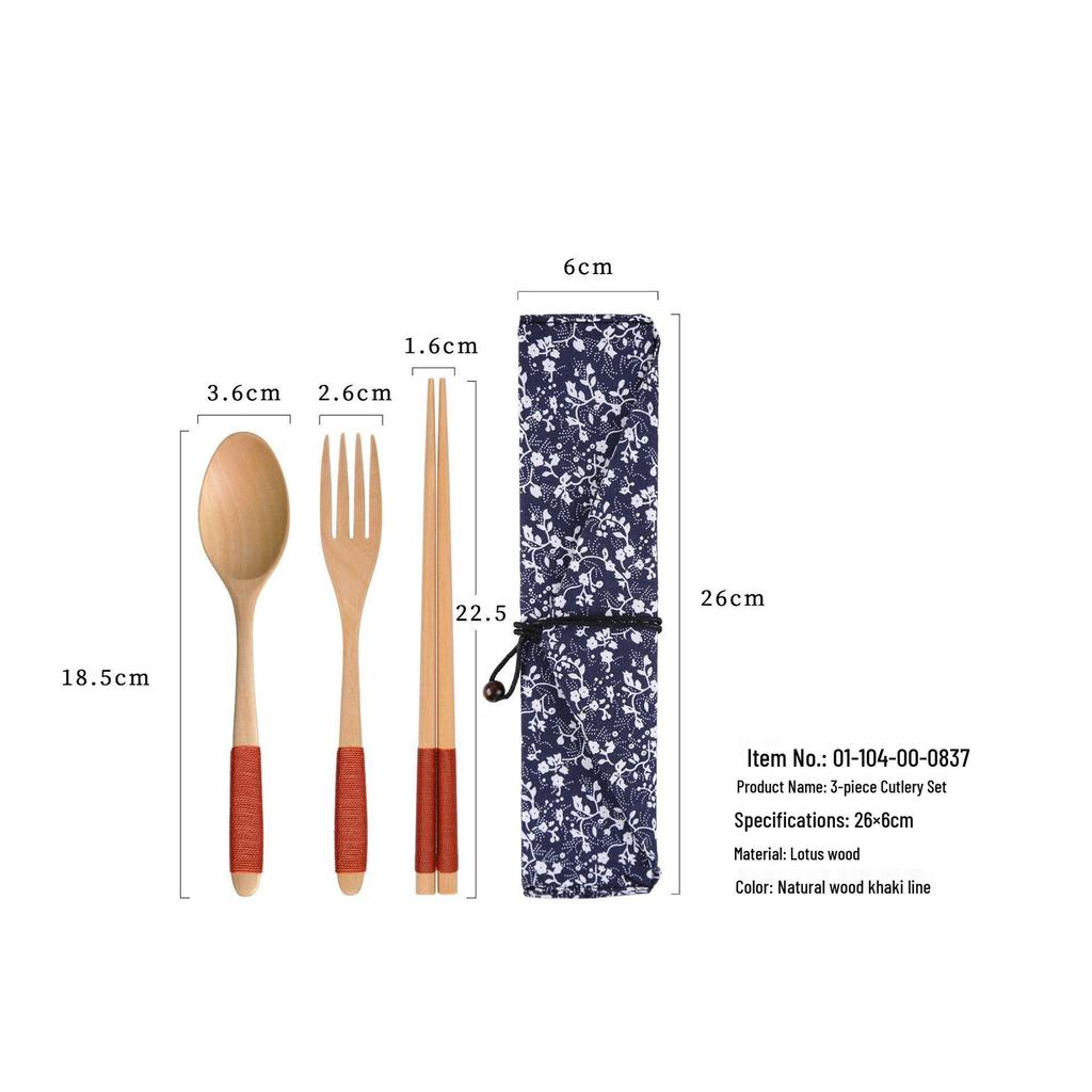 YFJY Japanese Style Wooden Chopsticks, Spoon & Fork Set for Students and Children with Cloth Bag - Three-Piece Tableware Set