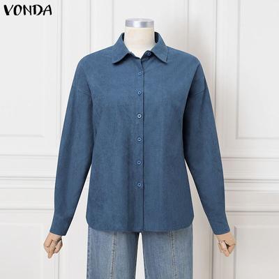 Women Lapel Neck Solid Color Loose Casual Long Sleeve Button Down Blouse