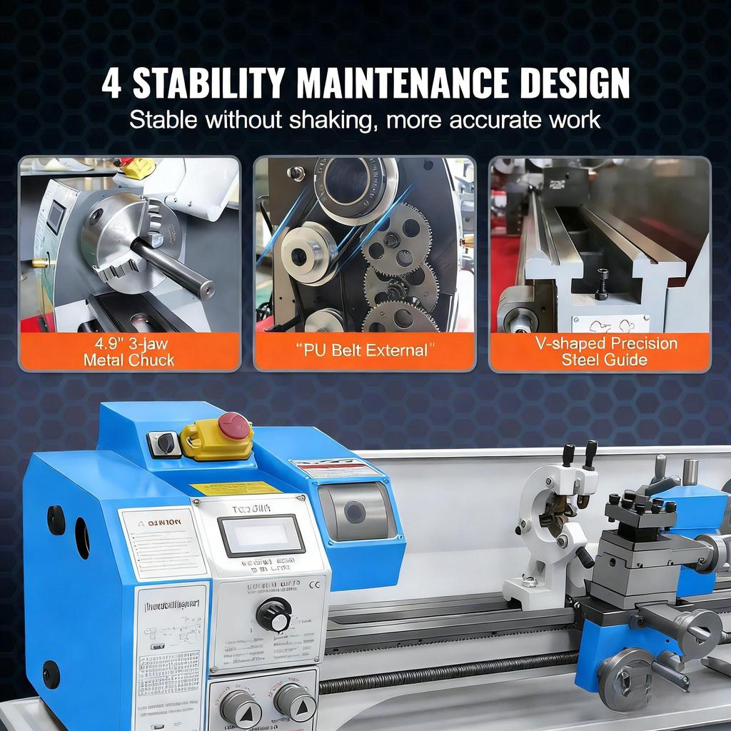 Mini Metal Lathe Machine 220x600 Mm Precision Benchtop Power Metal Lathe Variable Speed 1100W Brushless Motor Metal Gears