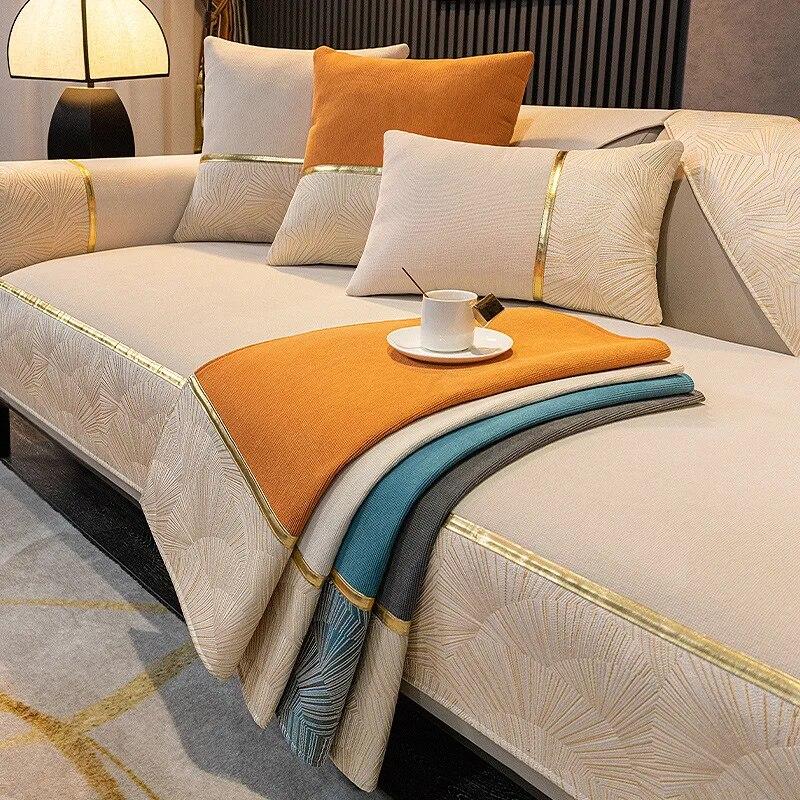Husă de canapea de lux ușoară din chenille, margine aurie, culoare solidă, nou îngroșat, prosop de canapea, pernă de canapea anti-alunecare pentru sufragerie