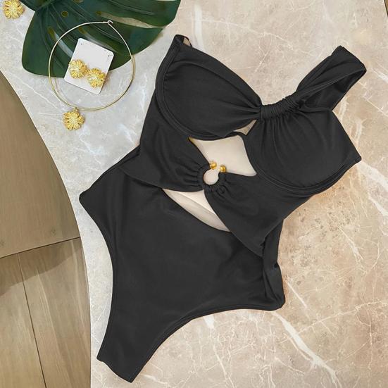 Women One-Piece Swimsuit One Shoulder Padded Steel Support Metal Buckles Monokini Sexy S-Shaped Figure