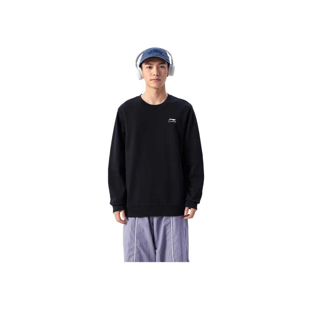 Li Ning Spordielustiili Seeria High Street Ameerika Vintage Vabaaja Lihtne Ühevärviline Ümmarguse Kaelusega Pullover Huppar Meeste huppar Must AWDVE53-2