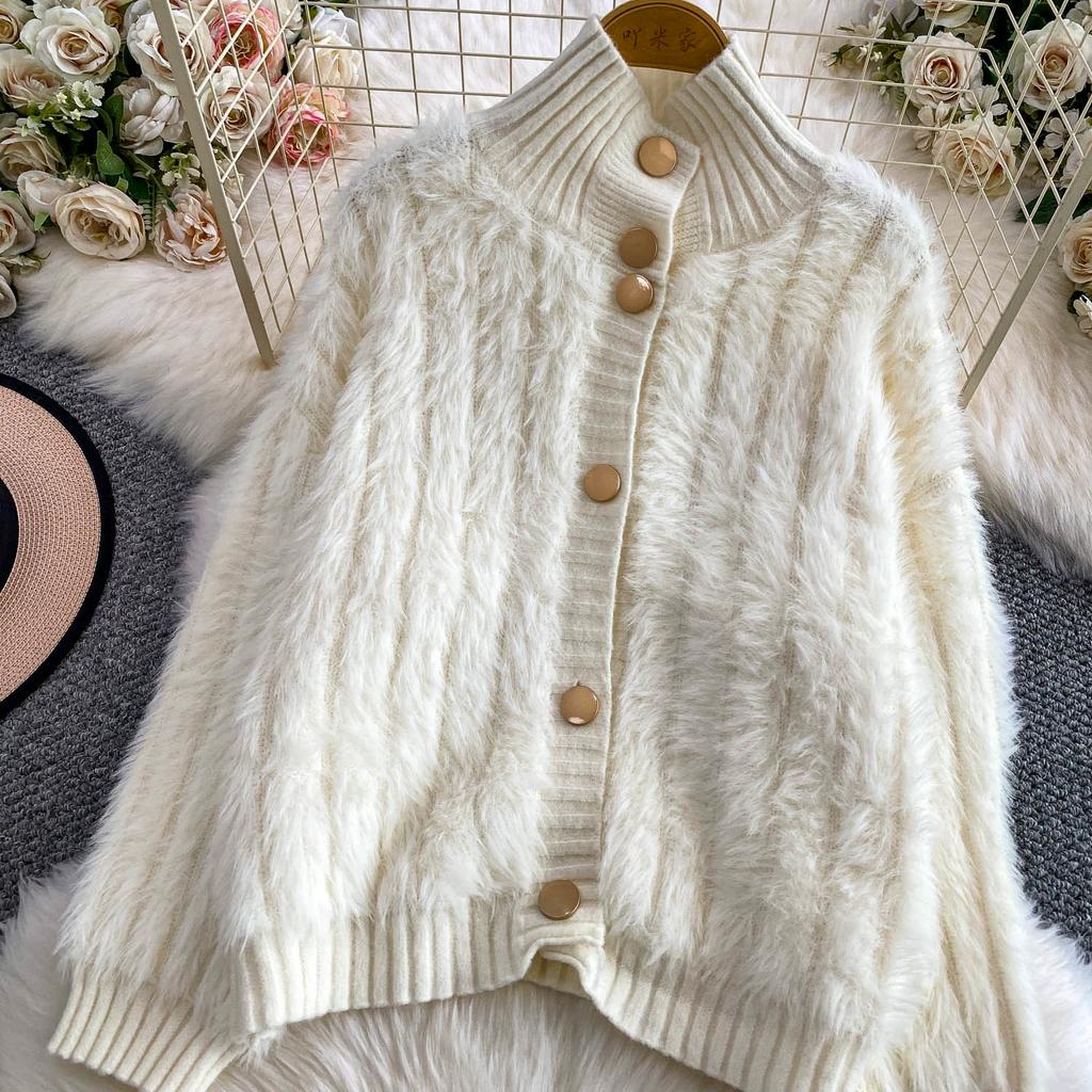 Autumn Winter Women Casual Turtleneck Single Breasted Furry Mohair Knitted Sweater Cardigans Tops Jacket Coat
