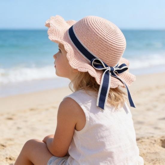 Family Beach Hat Natural Straw Woven Wide Brim Sun Protection Foldable Lightweight Summer
