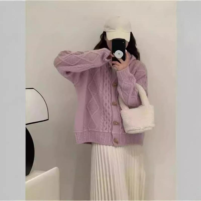 Vintage horn buckle hooded sweater jacket cardigan women's thickened autumn and winter loose lazy wind knitted sweater top