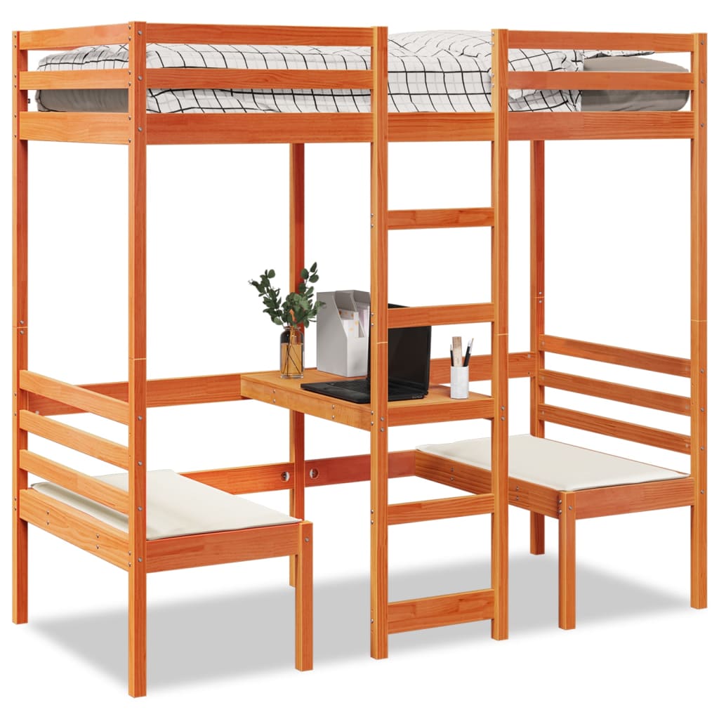 High Bed with Desk & Chairs Brown 75x190 Cm Pine Wood