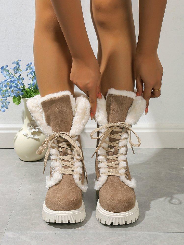 Damen Warme Faux Fur Fleece Gefütterte Faux Wildleder Klobiger Absatz Plateau Schlupfstiefel Schnürung Runde Zehenpartie Mid-Calf Winter Schneestiefel
