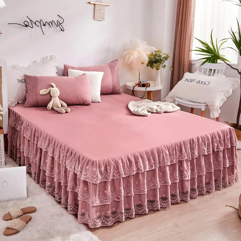 Classic Romantic Lace Layer Bed Skirt Set 3Pcs Bedding Set Ruffle Anti-slip Bedspread with Pillowcases Pure Color Bedroom Decor