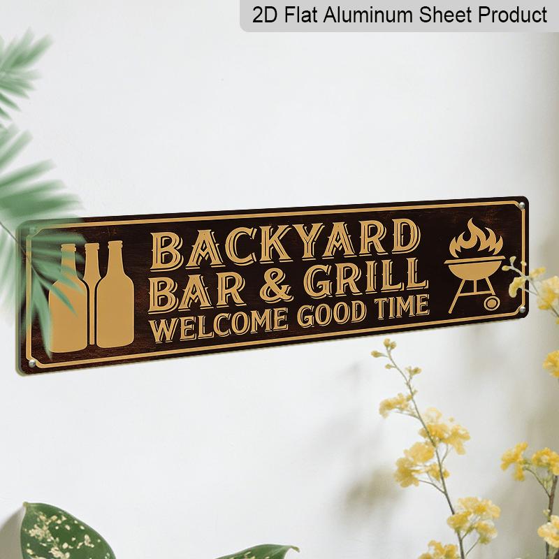 2D Flat, 1pc Rustic Farmhouse Aluminium Decorative Sign "Backyard Bar & Grill Welcome Good Time" with Beer Bottles & Grill Art - Season Holiday