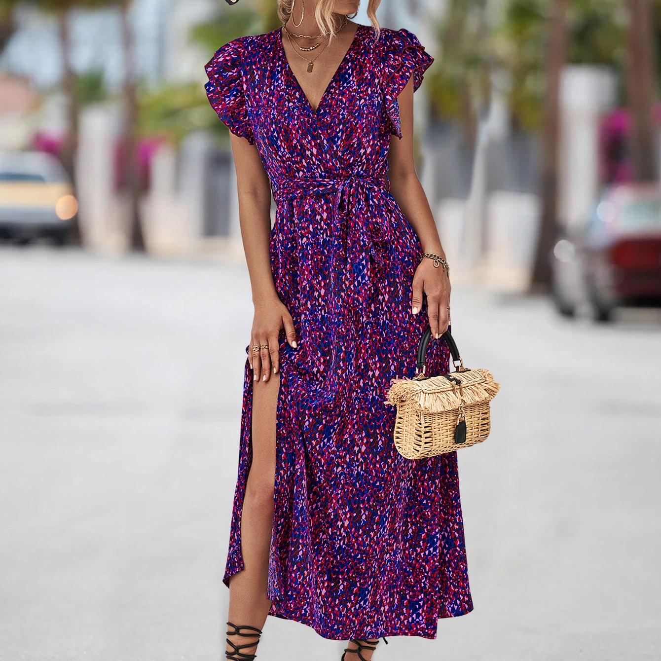 

QICED Весенне-летнее платье с короткими рукавами и V-образным вырезом и разрезом с принтом XL синий