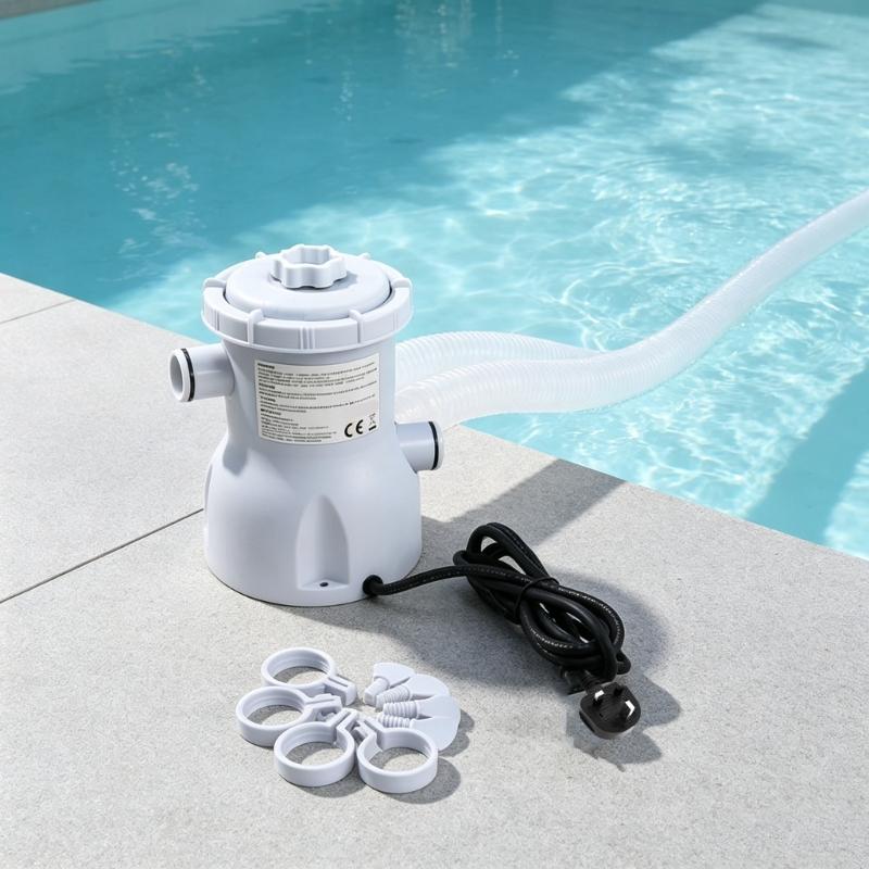 Pool Water Cycling Pump with Filter Insert, 330 Gallon Above Ground Pool Unit, Three-Pin Plug, Twin Hose Inlets and Connection Parts