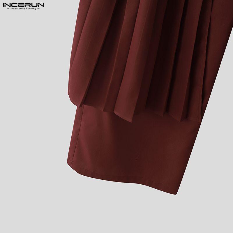 INCERUN Men Zip-up Waist Front Layers Solid Casual Long Pleated Pants Trousers