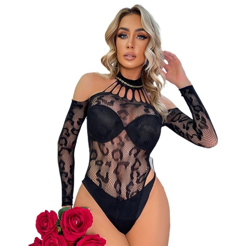 Women Leopard Fishnet Bodystocking Long Sleeve Bodysuit Sexy Hollow Out Mesh Tights Nightwear Erotic Lingerie Jumpsuit