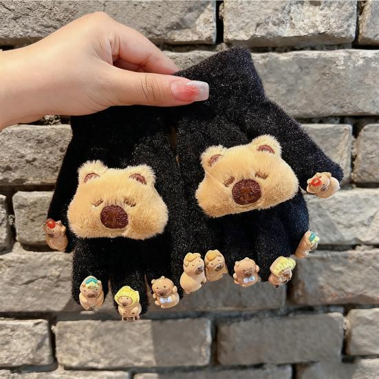 Winter Children Plush Capybara Gloves 3D Capybara Doll Gloves Soft Warm Five Finger Gloves for Cold Weather Outdoors