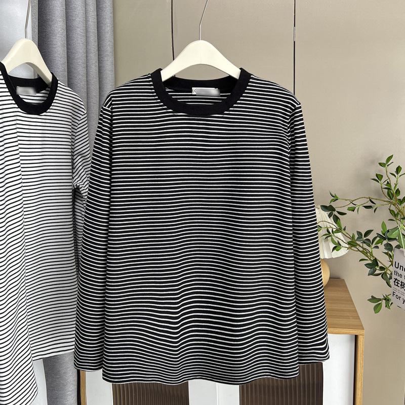 Plus Size Women Vintage Striped Thick Thermal Long Sleeve Base Warm T Shirt