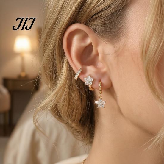 Chic Gold Plated Ear Decorations 3 Pairs Star Zirconia Flower Drop Earrings, Minimalist Dangle Earrings Stylish Gift for Her on Anniversary