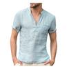 Men Solid Color Button V Neck Patch Pocket Linen Short Sleeve T-Shirt Summer Top