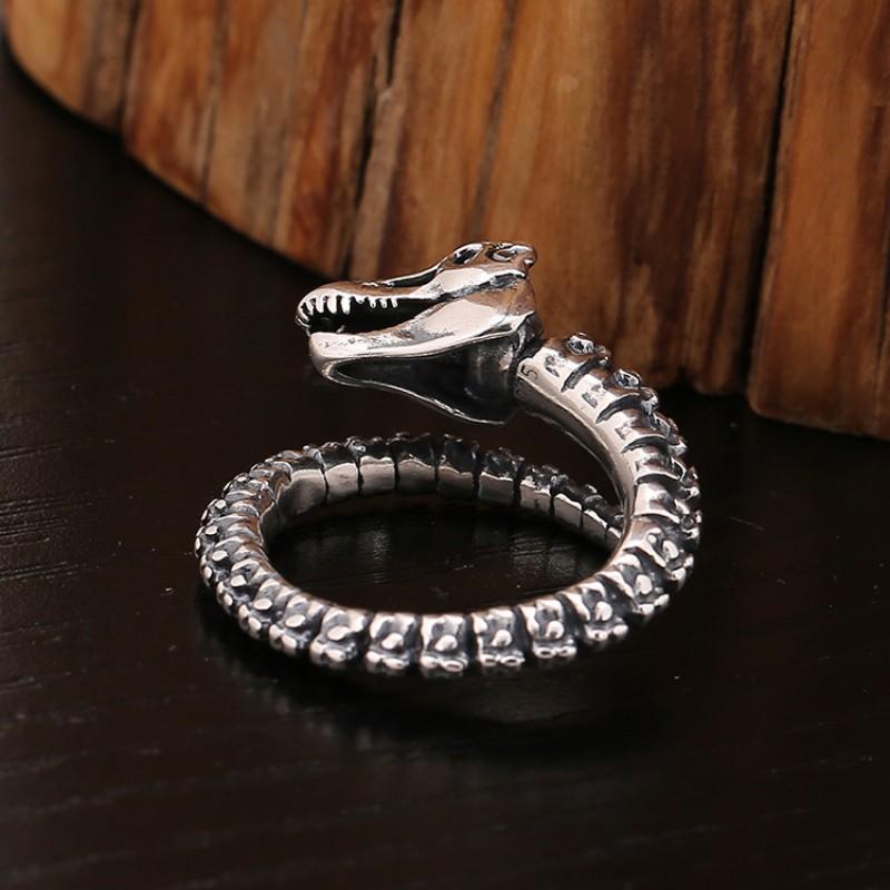 Adjustable Open Ring Men Women Vintage Punk Dinosaur Fossil Skull Design Sterling Geometric Statement