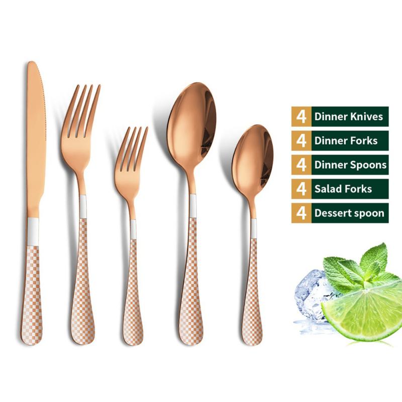 Set de tacâmuri cu model în carouri, finisaj în oglindă, cu margine netedă, set de linguri pentru furculiță din oțel inoxidabil