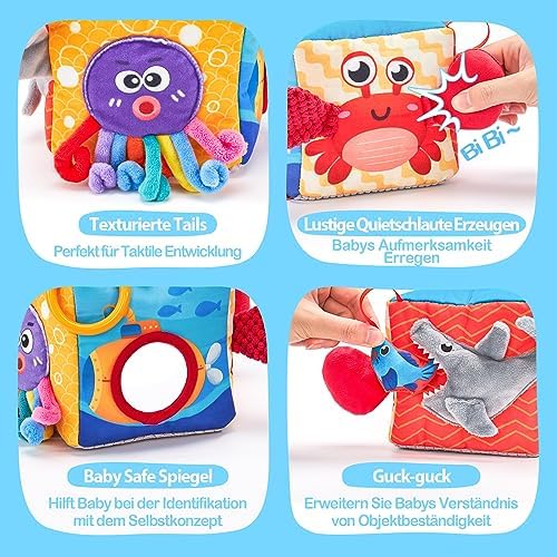 Hahaland Baby Toys 6-12 Months Montessori Sensory Tissue Box, Colorful Fabric Tabs Sensory Motor Skills Learning Toy for Boys Girls Gifts