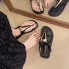 Fashion Summer 2025 Open Toe Women's Sandals Round Toe Buckle Strap Low Heel Thong Sandal Metal Decoration for Outdoor Casual Rome Shoes
