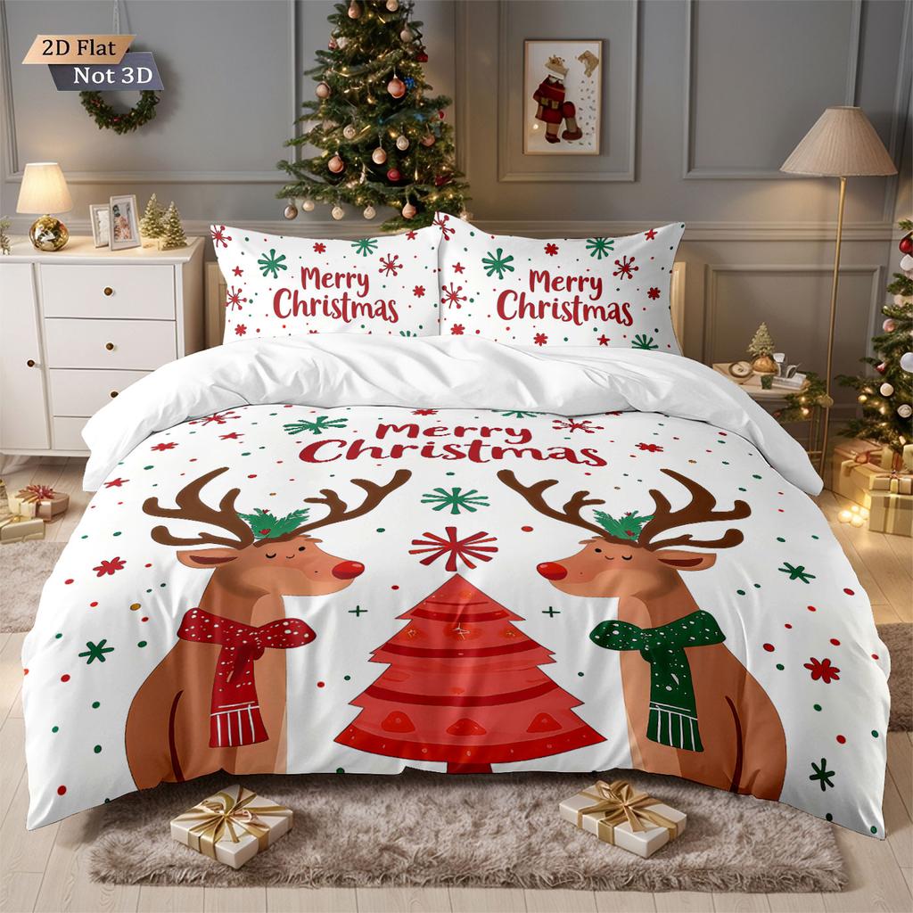 3pcs Merry Christmas Cute Reindeer Print Coreless Bedding Set Multi Size Bedroom Bedding Holiday Decoration Soft Comfortable