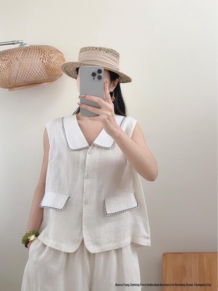 Linen Sleeveless Retro Lapel Blouse with Pocket - Women's Solid Color Summer 2026 Vest