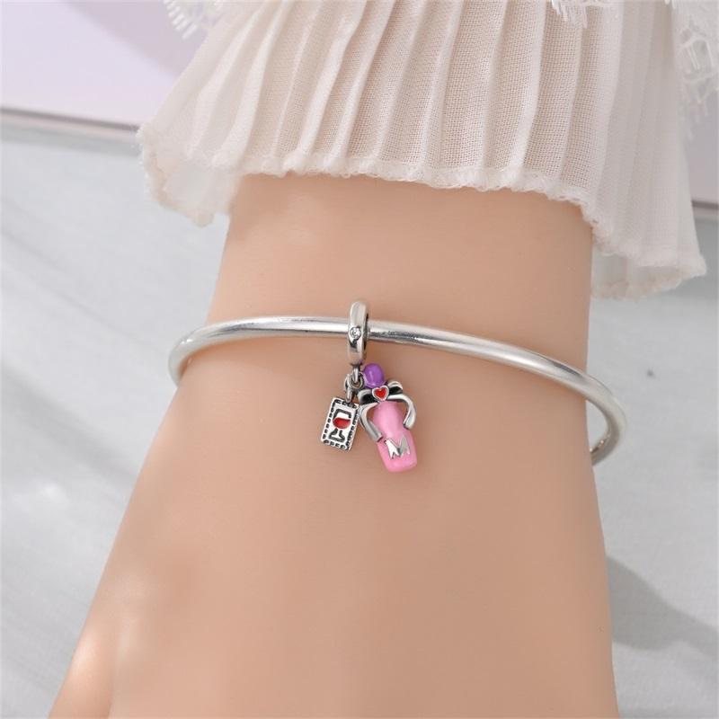 New Original Charms Beads Copper Pink Bow Wine Bottle Slightly Intoxicated Pendants For Woman Romantic Diy Jewelry