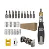 Abgtzln 21-in-1 Multi-Function Ratchet Driver/Nut Driver Tool Set. Includes 10 Drill Bits (Phillips, Single, Hex, and Square) and 10 Sockets. Features