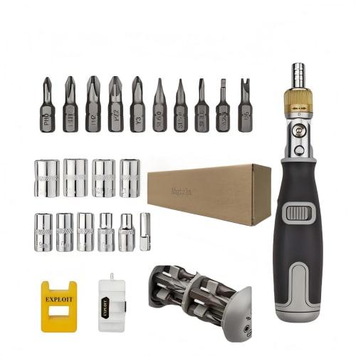 Abgtzln 21-in-1 Multi-Function Ratchet Driver/Nut Driver Tool Set. Includes 10 drill bits (Phillips, Single, Hex, and Square) and 10 sockets. Features