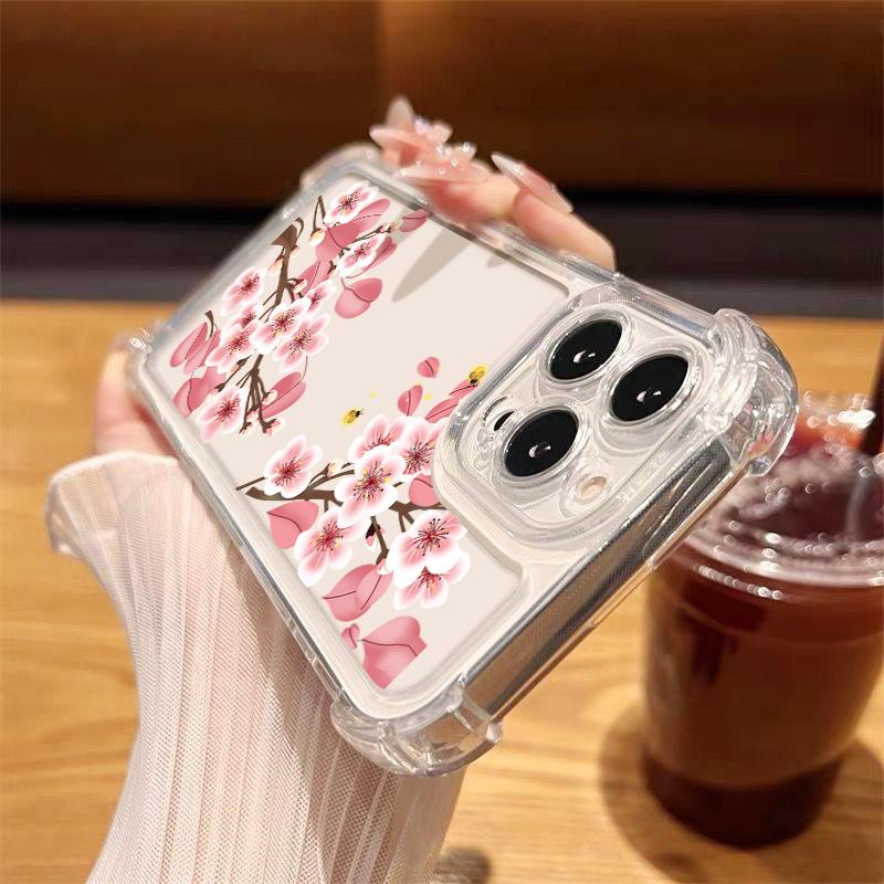 Floral Print Clear Slim Shockproof Case For iPhone 16 Pro 16E 15 Pro Max 14 13 12 11 Anti-Fall Soft Silicone Transparent Phone Cover