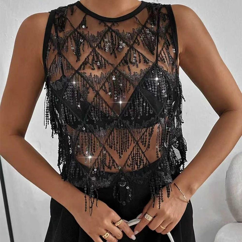 Fringe Crop Top Embroidery Sheer Camisole Chic Sequin Vest Tops  Streetwear