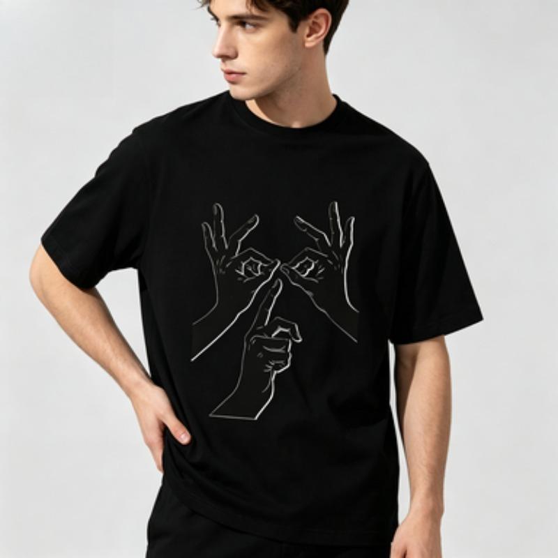 Unisex 100 Cotton Crew Neck T Shirt Minimal White Line Three Hands Gesture Sketch Loose Short Sleeve Street Casual Tops For Unisex